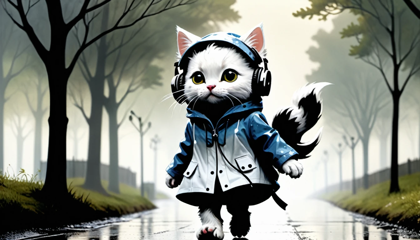 (photo cinematic), (((raining))), anthropomorphic, cute white kitten, raincoat, misty park, walking, listening to music on headphones, 2D, silhouette, Jean-Baptiste Monge style, Alan Lee style