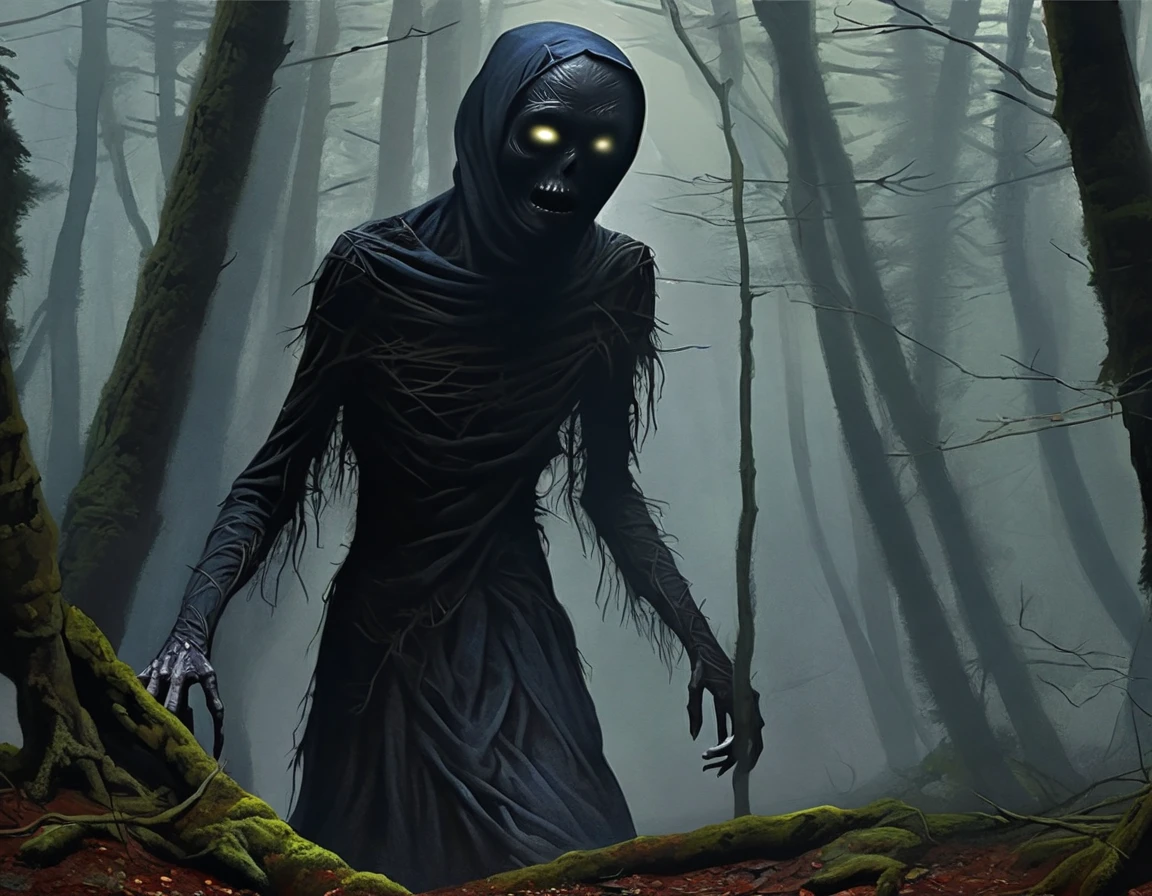Sur-XL, Absurd, strange, Creepy, Fantastic, wonderful, foolish, Shadow person watching us in the dark scary forest々, heroic lighting, Folklore, Complex, Very detailed, real, Realistic, Digital Painting