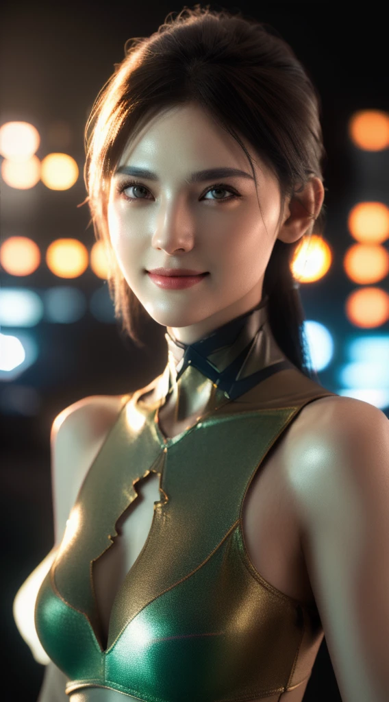 ((best quality)), ((masterpiece)), (detailed:1.4), 3d, Image of a beautiful cyberpunk woman,Human Development Report (High Dynamic Range),Ray Tracing,nvidia RTX,Super Resolution,Unreal 5,Subsurface scattering,PBR Textures,Post-Processing,Anisotropic filtering,Depth of Field,Maximum clarity and sharpness,Multi-layered textures,Albedo and Specular Maps,Surface Shading,Accurate simulation of the interaction between light and material,Perfect proportion,Octane Rendering,Two-color lighting,Large aperture,Low ISO,White Balance,Rule of Thirds,8K Native,Smiling