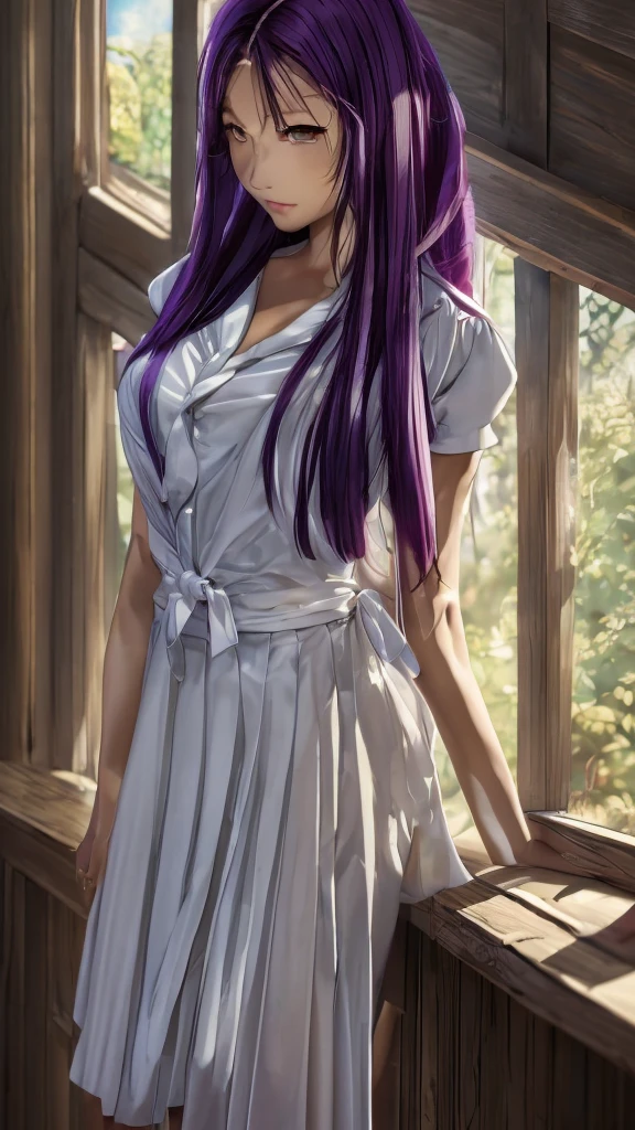 relaxed girl in a school classroom,long purple hair,sailor uniform,serious expression,cold atmosphere,best quality,masterpiece,unparalleled masterpiece,surrealistic 8k,perfect artwork,super detailed,best quality,4k masterpiece wallpaper aesthetics,award-winning art,cinematic lighting