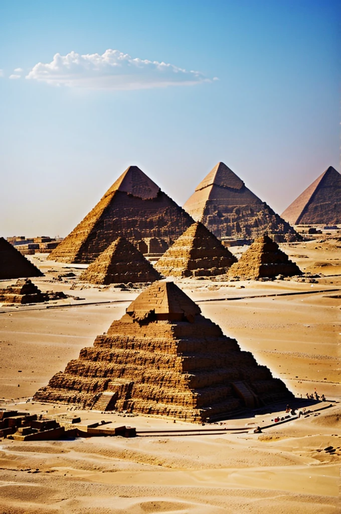 An Egyptian pyramid with two modern buildings on the sides