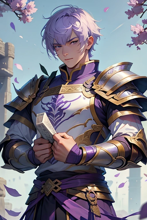 man, Chinese, lilac purple short hair with bangs, white tiger knight armor