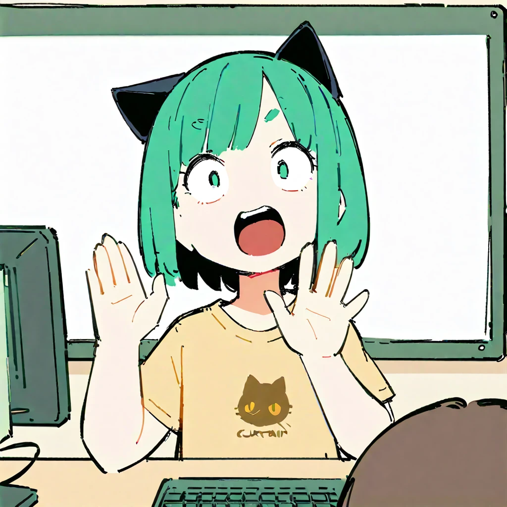 (Thick painting style),Bold line, ((masterpiece,)),(((Highest quality))),(sketch),((computer,Bookshelf,Whiteboard,curtain,Top view)),(((A girl in her 20s with a surprised face and her right hand raised, Mouth wide open))),Short black hair,Black cat ears,T-Shirts,jeans,(((Character Portrait,Full Art))),Messy