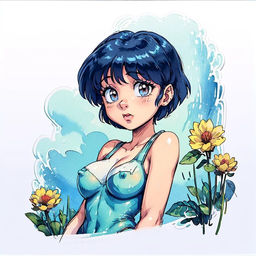 1girl, TendouAkane, simple art, cute, watercolor, white background, looking at the viewer, AkaneYellowSwimsuit