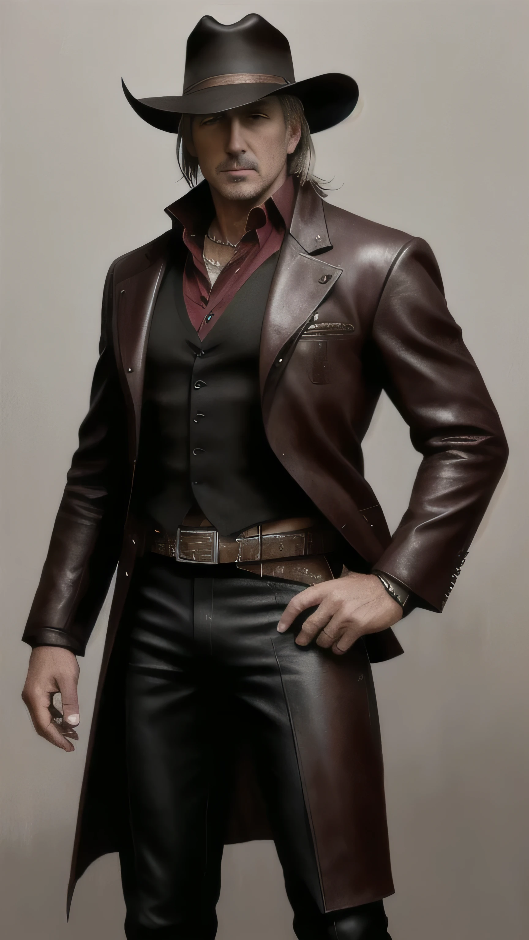 (Kevin Costner) as Erron Black from Mortal Kombat, maroon cowboy outfit, cowboy hat, 2 revolvers, 1man, solo, full body view, front view, looking at viewer, intricate, high detail, sharp focus, dramatic, photorealistic painting art by greg rutkowski