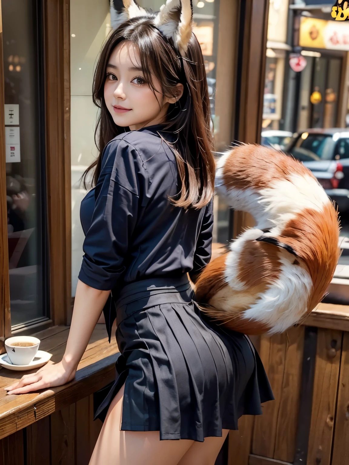 ((Highest quality, 32k)), ((masterpiece)), (Familiar), Perfect Face, pretty girl, She works at a cafe in the city center., She bent over、Serving coffee to customers, She has a bushy tail growing out of her ass, (Her fox tail is lifting up her skirt.:1.5),She has a fluffy tail, Small breasts, She is wearing a neat blouse and a tight mini skirt., A bushy tail is visible from under her skirt,, Slender body, Her tail sticks out from under her skirt, (A fox tail protrudes from the inside of her skirt.:1.4), The base of her tail is hidden under her skirt and cannot be seen.
