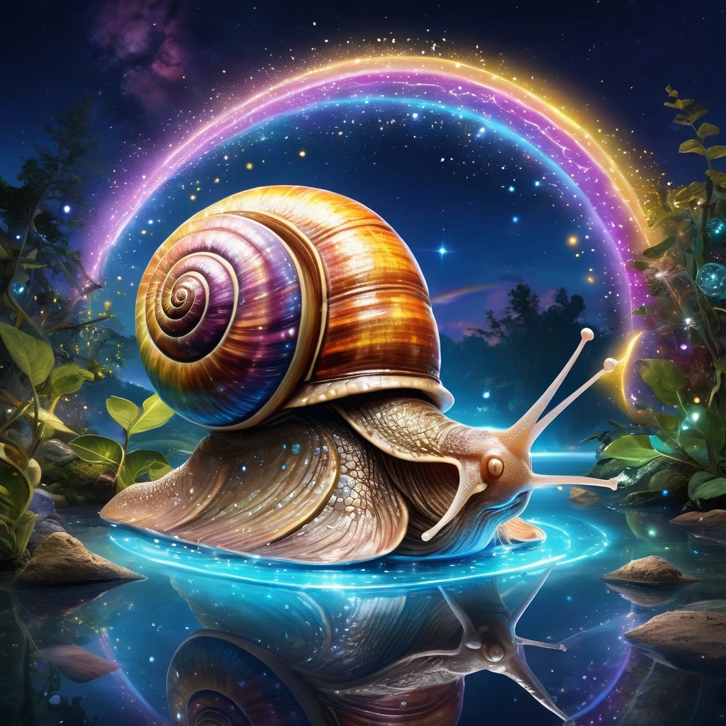 A hyper-realistic, vibrant, and colorful image of a giant snail with a rainbow shell, illuminated under the full moonlight. The scene is set in a magical, otherworldly environment with a glowing, starry sky and reflections on the water. The snail's shell has intricate, swirling patterns, and there are sparkling orbs and stars around it. The background includes mystical elements like hanging vines with luminescent drops and ethereal lighting, creating a dreamlike atmosphere. The overall image is detailed, with a focus on rich colors and surrealism.
