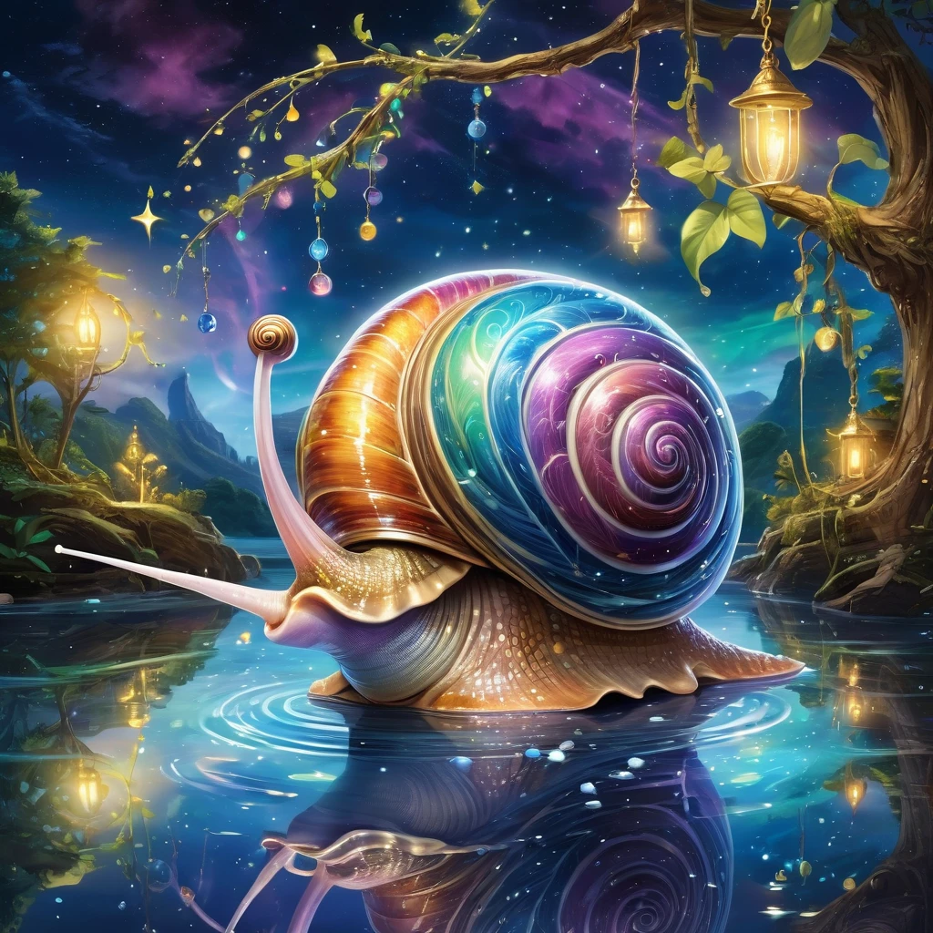 A hyper-realistic, vibrant, and colorful image of a giant snail with a rainbow shell, illuminated under the full moonlight. The scene is set in a magical, otherworldly environment with a glowing, starry sky and reflections on the water. The snail's shell has intricate, swirling patterns, and there are sparkling orbs and stars around it. The background includes mystical elements like hanging vines with luminescent drops and ethereal lighting, creating a dreamlike atmosphere. The overall image is detailed, with a focus on rich colors and surrealism.