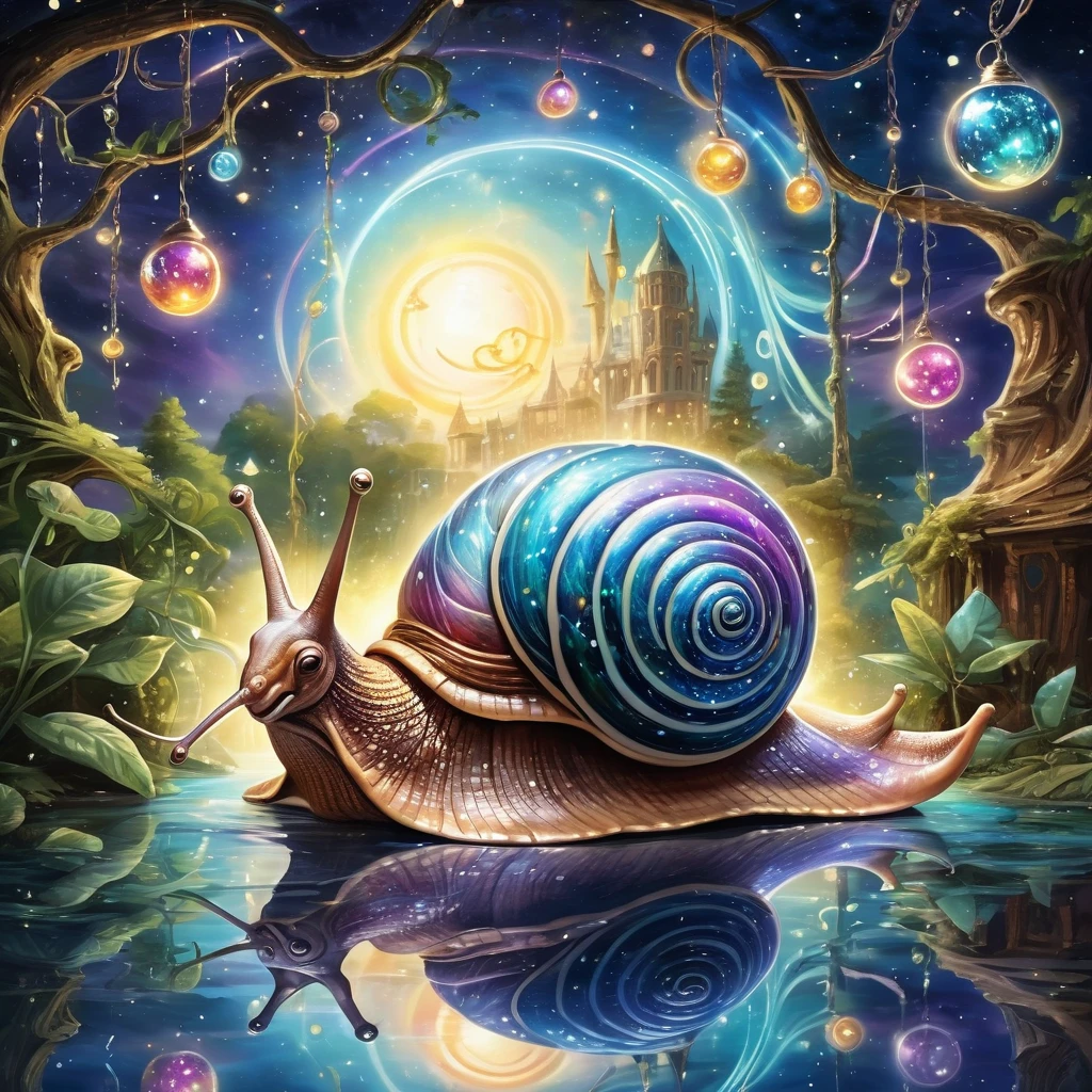 A hyper-realistic, vibrant, and colorful image of a giant snail with a rainbow shell, illuminated under the full moonlight. The scene is set in a magical, otherworldly environment with a glowing, starry sky and reflections on the water. The snail's shell has intricate, swirling patterns, and there are sparkling orbs and stars around it. The background includes mystical elements like hanging vines with luminescent drops and ethereal lighting, creating a dreamlike atmosphere. The overall image is detailed, with a focus on rich colors and surrealism.