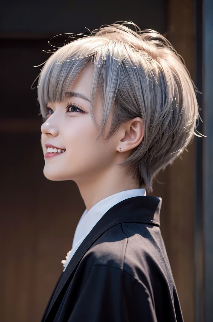 A vampire-like young gentleman wearing a hakama、Short double teeth、Kindness、An illustration、A sad smile、Angle from a slight angle、Hair color is ash gray、Priest、少しだけpop、The background is the magic hour、The hairstyle is a short mash、A little cute、A little bit of a psychopath、pop、profile、1 person、