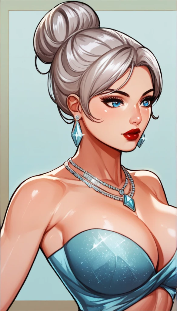 (masterpiece, best quality), intricate details, , a beautiful woman wearing earrings, inspired by Emma Andijewska, draped in crystals, silver color, long earrings, sandra chevier, huge earrings, 2019, blue-eyed, platinum jewellery, earring, flawless structure, silver earring, big breasts ,red lipstick, bracelet, necklace, single hair bun