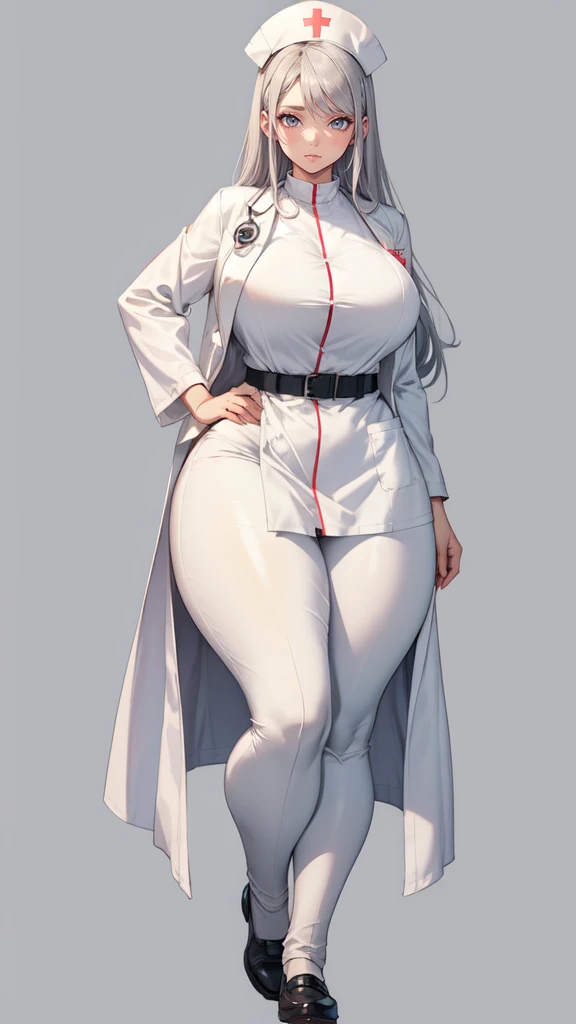 ((blank background)), masterpiece, best quality, silver hair, (big breast:1), ((full body framing)), symmetry, nurse woman, nurse uniform, nurse cap, long pants, ((curvy)), wide hips, ((thick thighs)), only white, all white, belt below navel, ((lab coat))