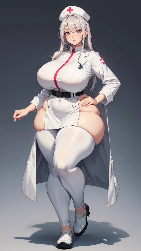 ((blank background)), masterpiece, best quality, silver hair, (big breast:1), ((full body framing)), symmetry, nurse woman, nurse uniform, nurse cap, long pants, ((curvy)), wide hips, ((thick thighs)), only white, all white, belt below navel, ((lab coat))