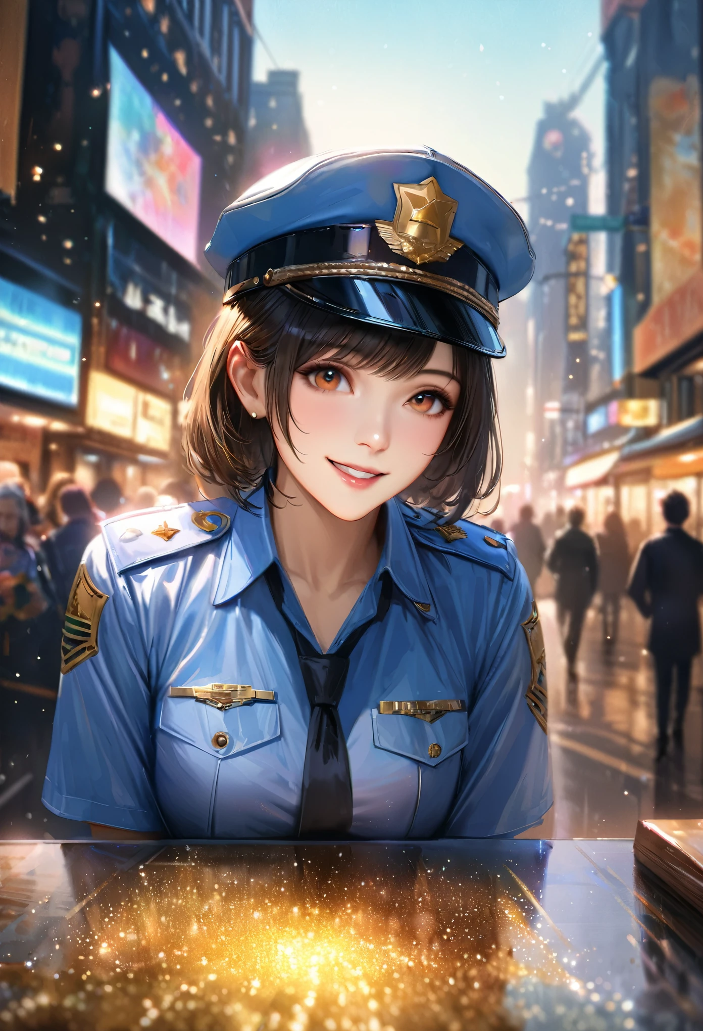 Roads in the city, Clear sky, policewoman, Blur the background,smile,Glitter effect,Highest quality, 8K, High resolution, masterpiece:1.2, Very detailed, Realistic:1.37, High resolution, 超High resolution, Ultra-fine painting, Very detailed, Professional, Vibrant colors