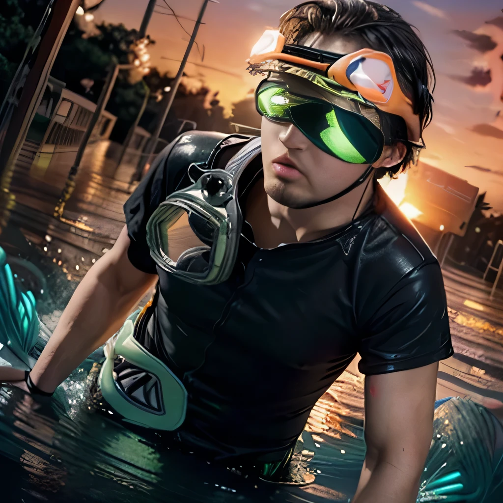 best quality, ultra-detailed, realistic, (1man), (black shirts:1.3), (fluorescent goggles:1.8), (sunset:2.0),(flood:1.4),(dutch angle), fluorescent, fluorescent