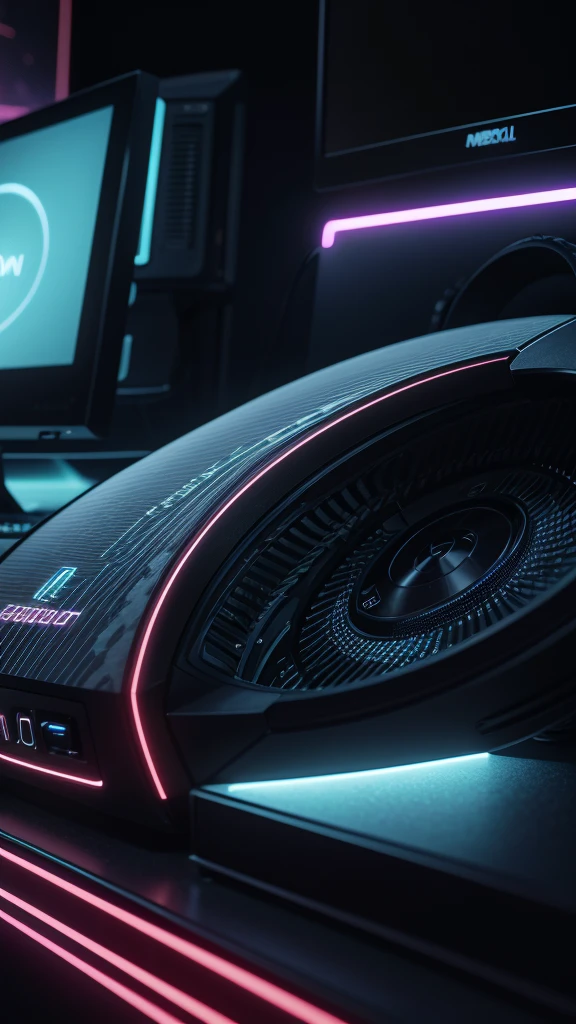a close-up of a computer monitor on a table with a neon background, shadow of mood, redshift vibrations, smooth background, synthetic wave background, soft in the background, soft noise 4k, beeple-style hybrid mix, Graphics mods, cinema4d render, cinema 4 d render with very strong colors