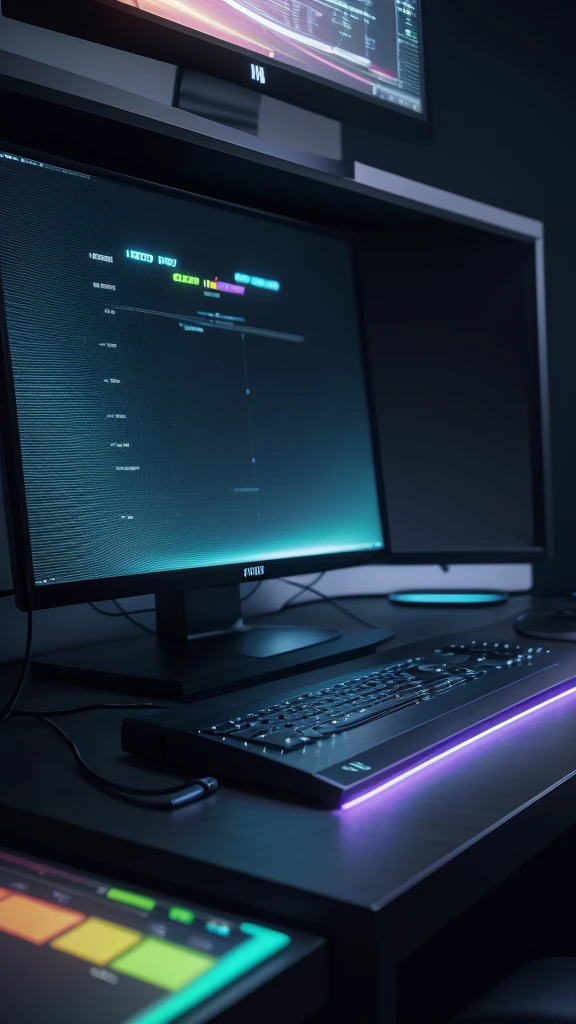 a close-up of a computer monitor on a table with a neon background, shadow of mood, redshift vibrations, smooth background, synthetic wave background, soft in the background, soft noise 4k, beeple-style hybrid mix, Graphics mods, cinema4d render, cinema 4 d render with very strong colors
