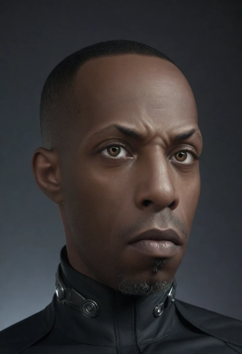 cinematic closeup front facing portrait of shawt a black man as a cyborg from dc comics, highly detailed cybernetic face, glowing cybernetic eyes, intricate mechanical parts, metallic skin, complex circuitry, futuristic design, dark moody lighting, dramatic shadows, cinematic composition, realistic rendering, hyper detailed, 8k, photorealistic