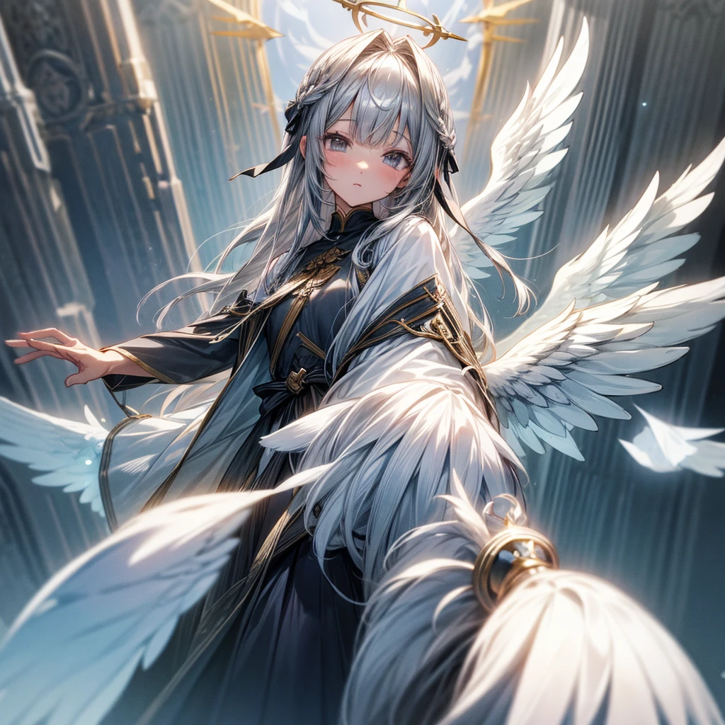 Gray Hair Lots of decorations in the hair、God Aura、
Angel Halo、wing、from the front、High Definition Head to Shoulders