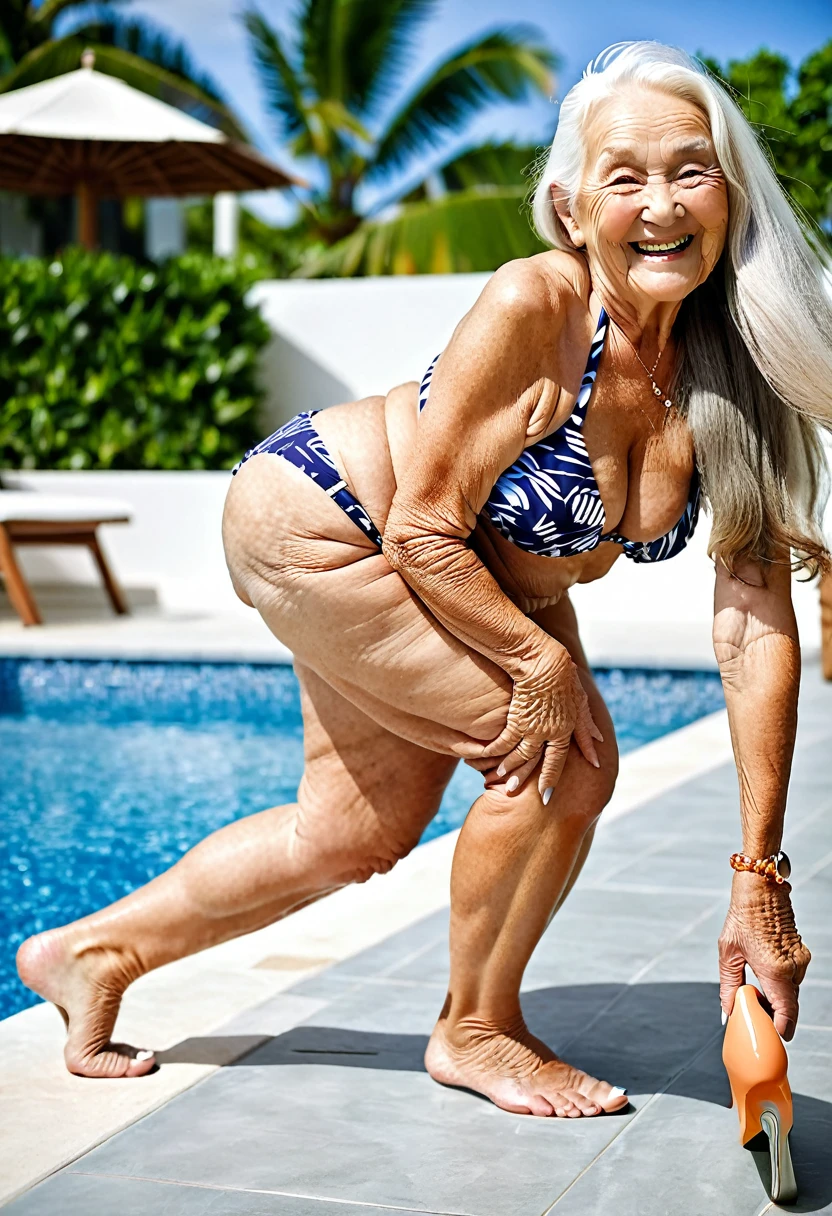 shot from side, an American woman, 78 years old, all on fours, chubby body, wearing sexy fashionable bikini, smiling, beautiful wrinkled skin, beautiful straight long hair.