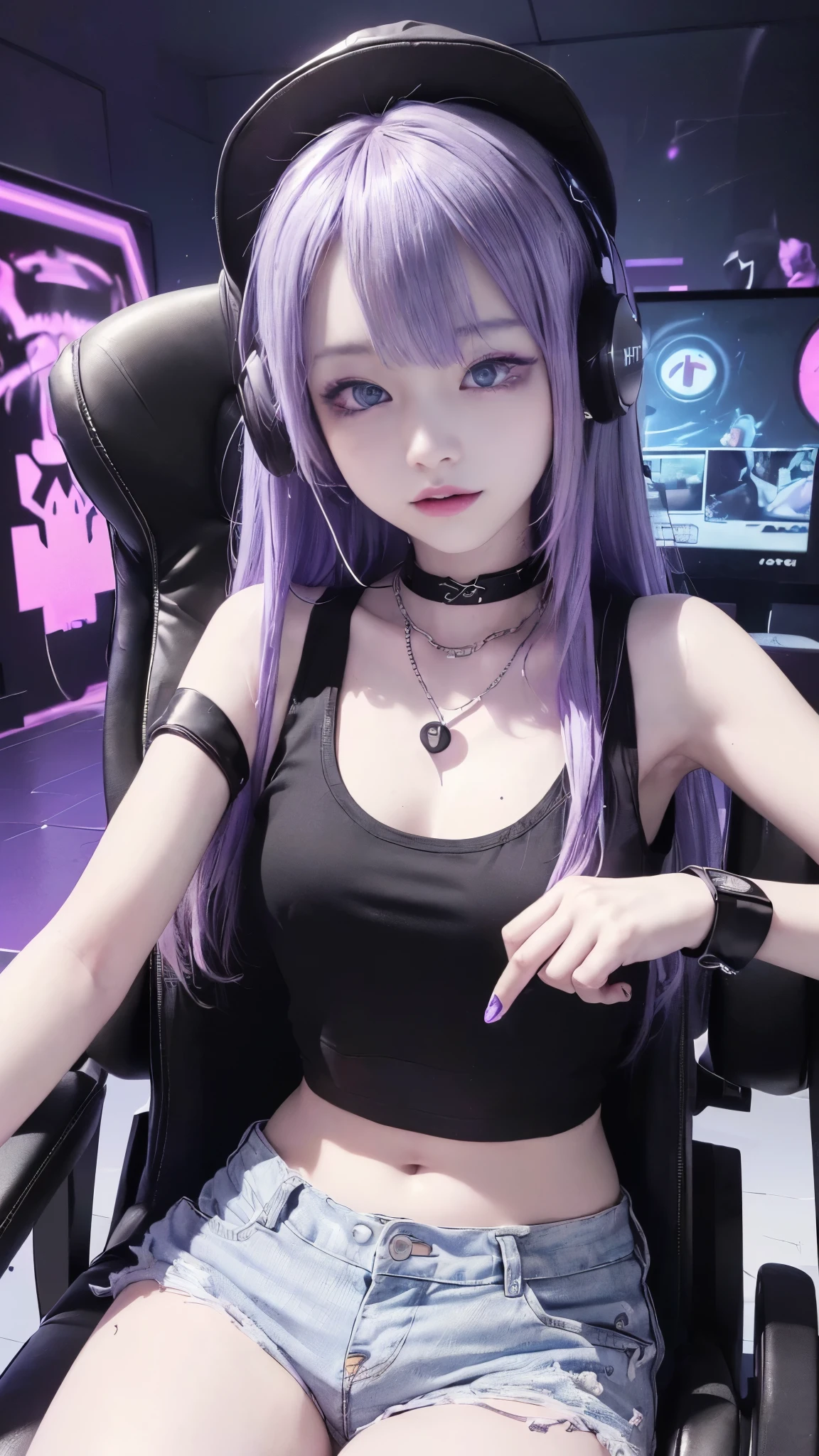 最high quality、best image quality、masterpiece、with a girl((18-year-old、cool hats、Tattoo of the heart symbol on the right shoulder、Black Navel Tank Top、white shorts、vest bust、bust 85、purple hair、long hair、blue eyes、open your chest wide、happiness、chain accessories、Black wristband on wrist、sit on a chair、Slender、laughter、Have a controller、sexy pose、gaming headphone、income))high quality、American comic book style、With background((Neon colored room、Gaming PC、Gaming Desk、Gaming Chair、Gaming bed、game machine))、table top、depth(lightning)