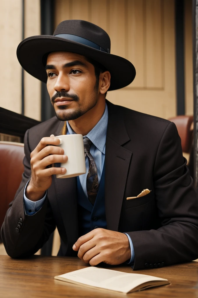 A man with a pachuco hat drinking coffee