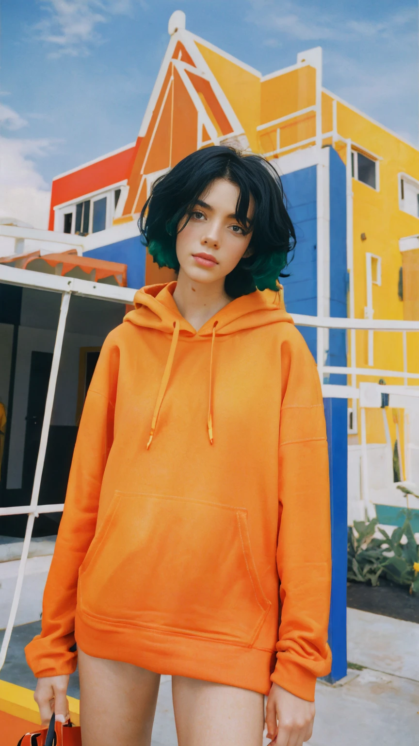 1 girl, beautiful, ultra high resolution,UHD,black bob hair, almond eye, no makeup, wear ((oversized orange hoodie)), ((oversize_hoodie)), peach tennis skirt, in front of ((80's mondrian (red,blue,yellow,green color) architecture motel)),(from below:1.2), (realistic:1.1), (surreal:1.2), (very detailed:1.1), ((masterpiece)), summer, blue sky, (palm trees),sunny, los angles vibes,