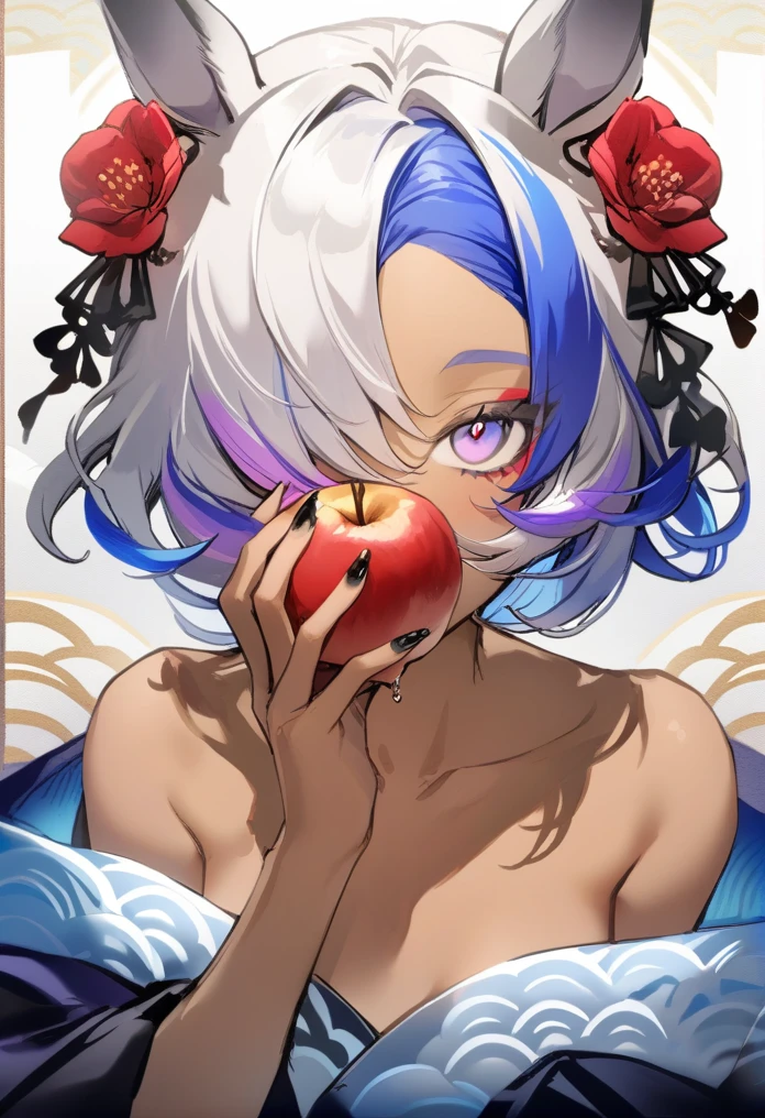 masterpiece, best quality, 1girl, food, solo, flower, fruit, hair ornament, holding food, apple, holding, multicolored hair, hair flower, white hair, hair over one eye, holding fruit, looking at viewer, black nails, red flower, dark skin, short hair, dark-skinned female, portrait, nail polish, multicolored eyes, covering mouth, bare shoulders, makeup, fingernails, streaked hair, blue hair, animal ears, bangs, purple eyes, eyeshadow, horse ears, collarbone, bow, seigaiha