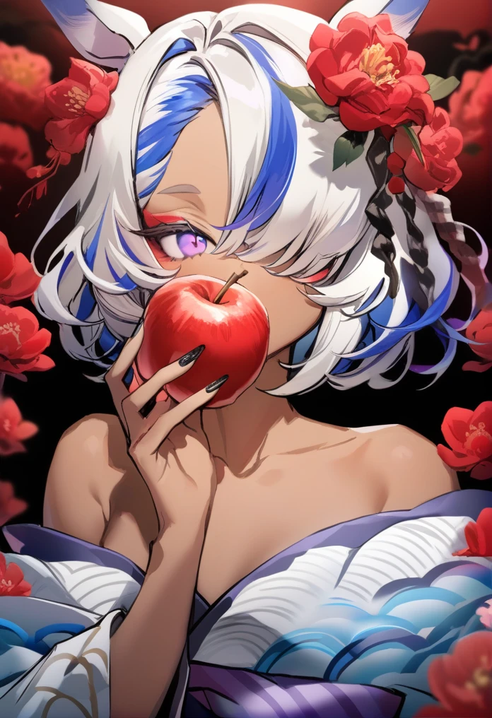 masterpiece, best quality, 1girl, food, solo, flower, fruit, hair ornament, holding food, apple, holding, multicolored hair, hair flower, white hair, hair over one eye, holding fruit, looking at viewer, black nails, red flower, dark skin, short hair, dark-skinned female, portrait, nail polish, multicolored eyes, covering mouth, bare shoulders, makeup, fingernails, streaked hair, blue hair, animal ears, bangs, purple eyes, eyeshadow, horse ears, collarbone, bow, seigaiha