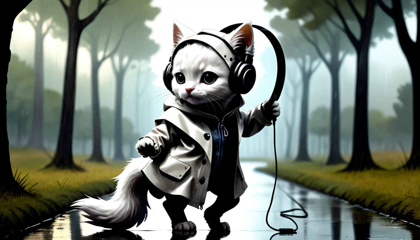 (photo cinematic), (((raining))), anthropomorphic, cute white kitten, raincoat, misty park, walking, listening to music on headphones, 2D, silhouette, Jean-Baptiste Monge style, Alan Lee style