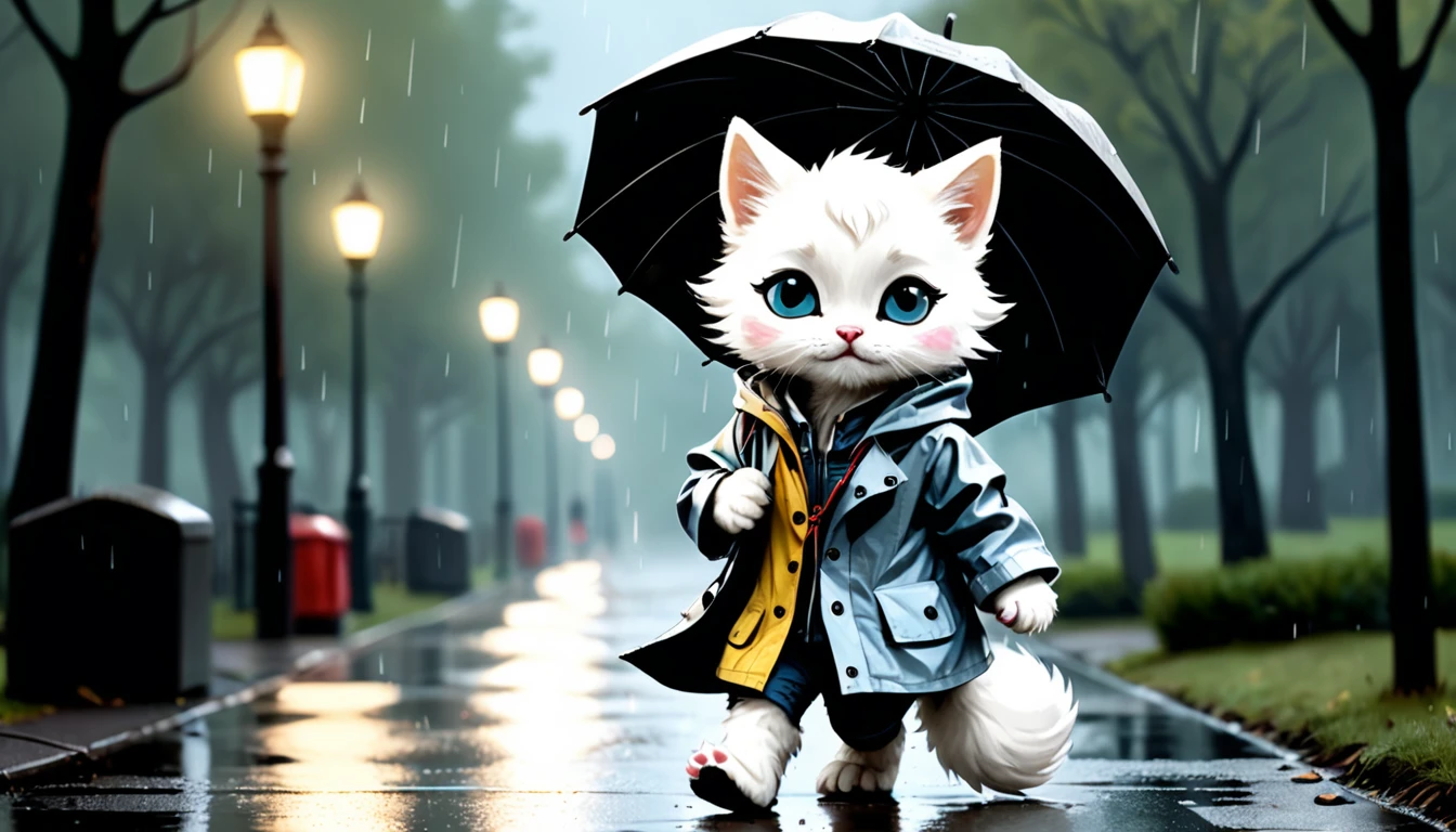 (photo cinematic), (((raining))), anthropomorphic, cute white kitten, raincoat, misty park, walking, listening to music on headphones, 2D, silhouette, Jean-Baptiste Monge style, Alan Lee style