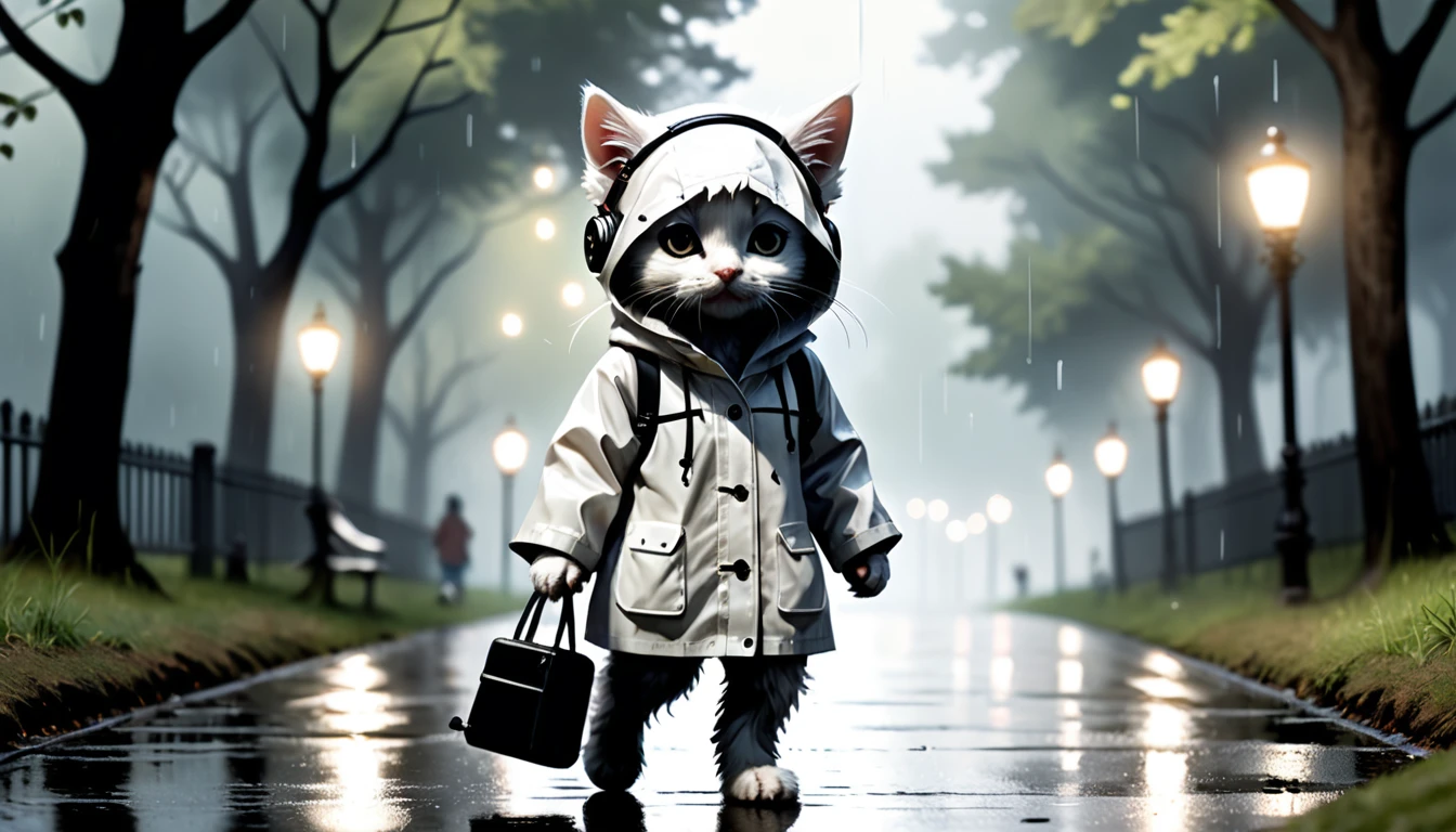 (photo cinematic), (((raining))), anthropomorphic, cute white kitten, raincoat, misty park, walking, listening to music on headphones, 2D, silhouette, Jean-Baptiste Monge style, Alan Lee style