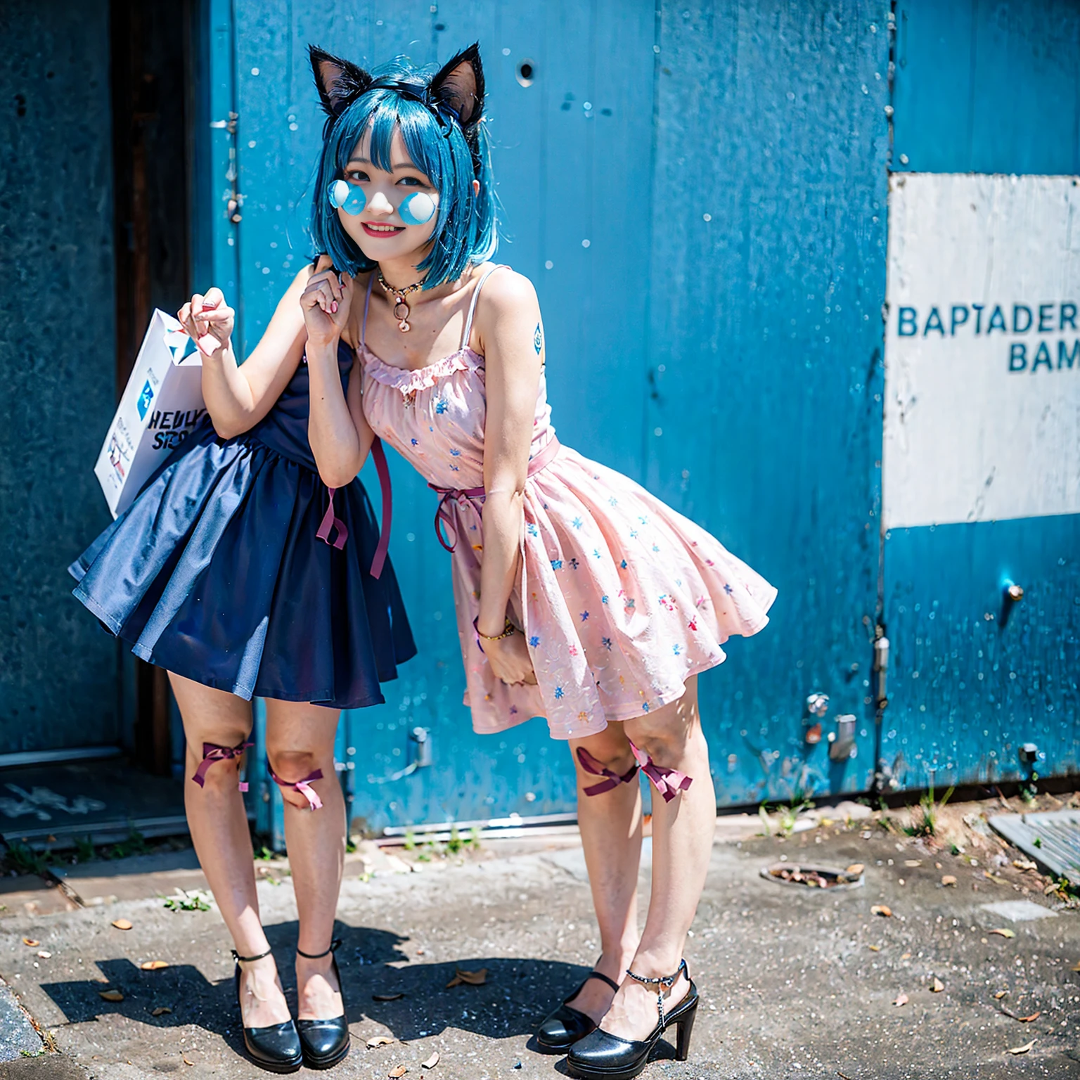 Cat ear　Madoka Magica Cute girl Blue hair Blue dress Full body standing Smile