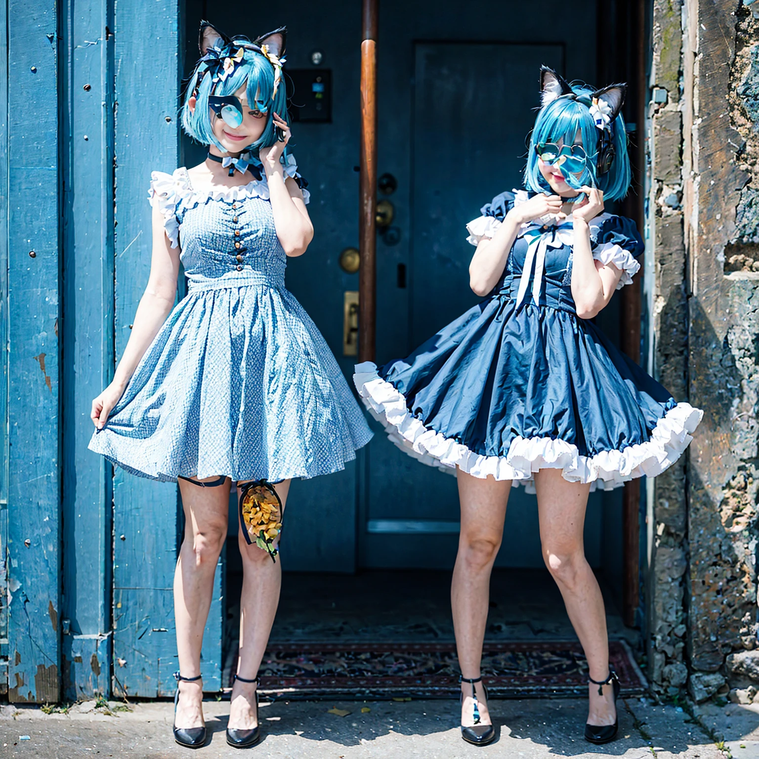 Cat ear Madoka Magica Cute girl Blue hair Blue dress Full body standing Smile