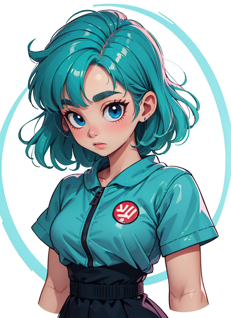 1girl, solo, (masterpiece), best quality, ultra-detailed, bulma, 1girl, solo, blue eyes, blue hair, aqua hair, long hair, bangs, straight hair, Retro style, fashion cloth, custome outfit, portrait, upper body, face detail, eyes detail: 1.3, simple background, (white background), toriyama akira
