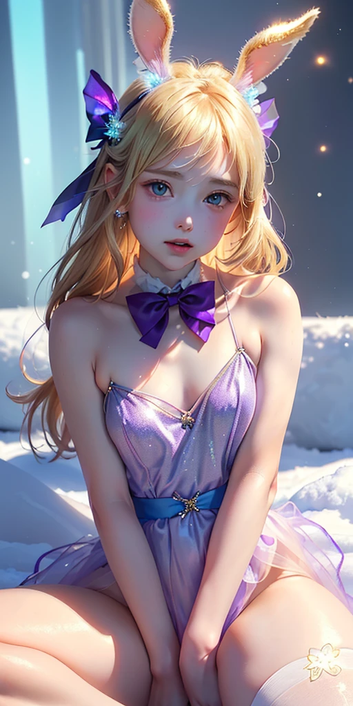 masterpiece, best quality, extremely detailed CG unity 8k wallpaper,((Upper Body)) ,((Upper Body head close-up shot of a beautiful ***********)), , Elegant Long straight blonde hair, (Mckenna Grace), ((flat chest,thighs,Autoluminescence skin)),Transparent (purple-blue) golden (Glittering tutu,long Bunny Ear Headgear, , Bow-tie, No panties, genitals visible), ((sitting,spread legs)),(), (Blush), , (), (A world of ice and snow), pretty face, key art, award winning, intricate detail realism hdr, by (ruan jia and artgerm and range murata), Photorealism, Hyperrealism, ultra realistic, dramatic light, intense shadows, gorgeous view, depth of field