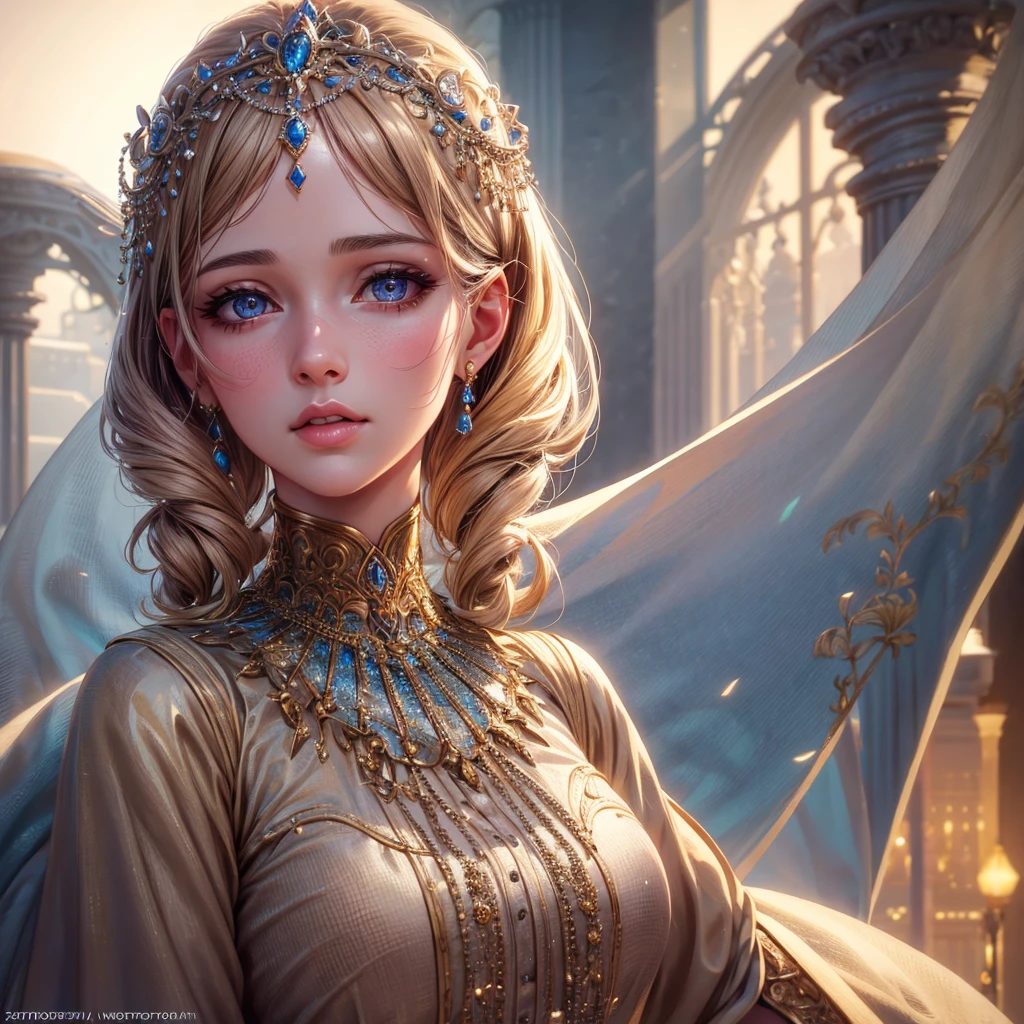 1girl, beautiful detailed eyes, beautiful detailed lips, extremely detailed face, long eyelashes, princess outfit, elegant, modest clothing, shiny eyes, glowing skin, (best quality,4k,8k,highres,masterpiece:1.2),ultra-detailed,(realistic,photorealistic,photo-realistic:1.37),highly detailed portrait, fantasy, intricate details, warm color tones, soft lighting, cinematic composition
