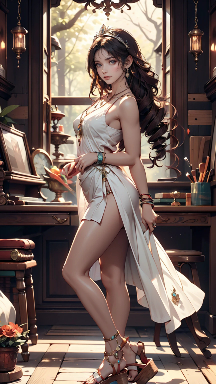 background, Fantasy, wonderful, Fantasy, forest、24-year-old female、Sexy proportions、Sexy、Narrow waist、Wear jewellery on your wrist、Attach a necklace、Wear platform sandals、Side Tail((side drill))、Crystal Earrings((crystal earrings))、A seductive smile((seductive smile))、Headpiece((hair ornament))、