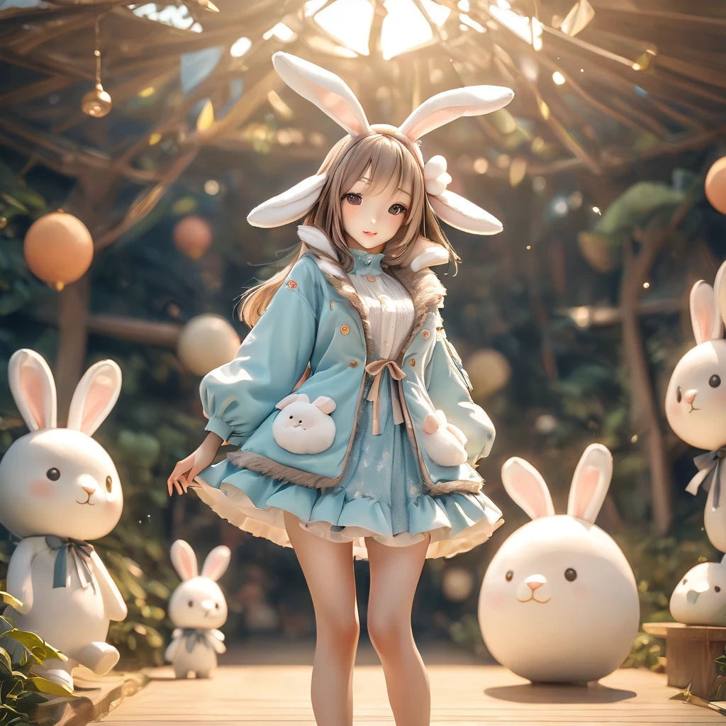 A woman wearing a furry bunny costume，Wearing big bunny ears, full-body shot, Wide Angle, Lovely又充满童真表情, Professional Portraits, Super Fine 8K, high resolution, Detailed facial features, Detailed clothing, Soft Light, excellent, fantasy, Soft colors, Lovely