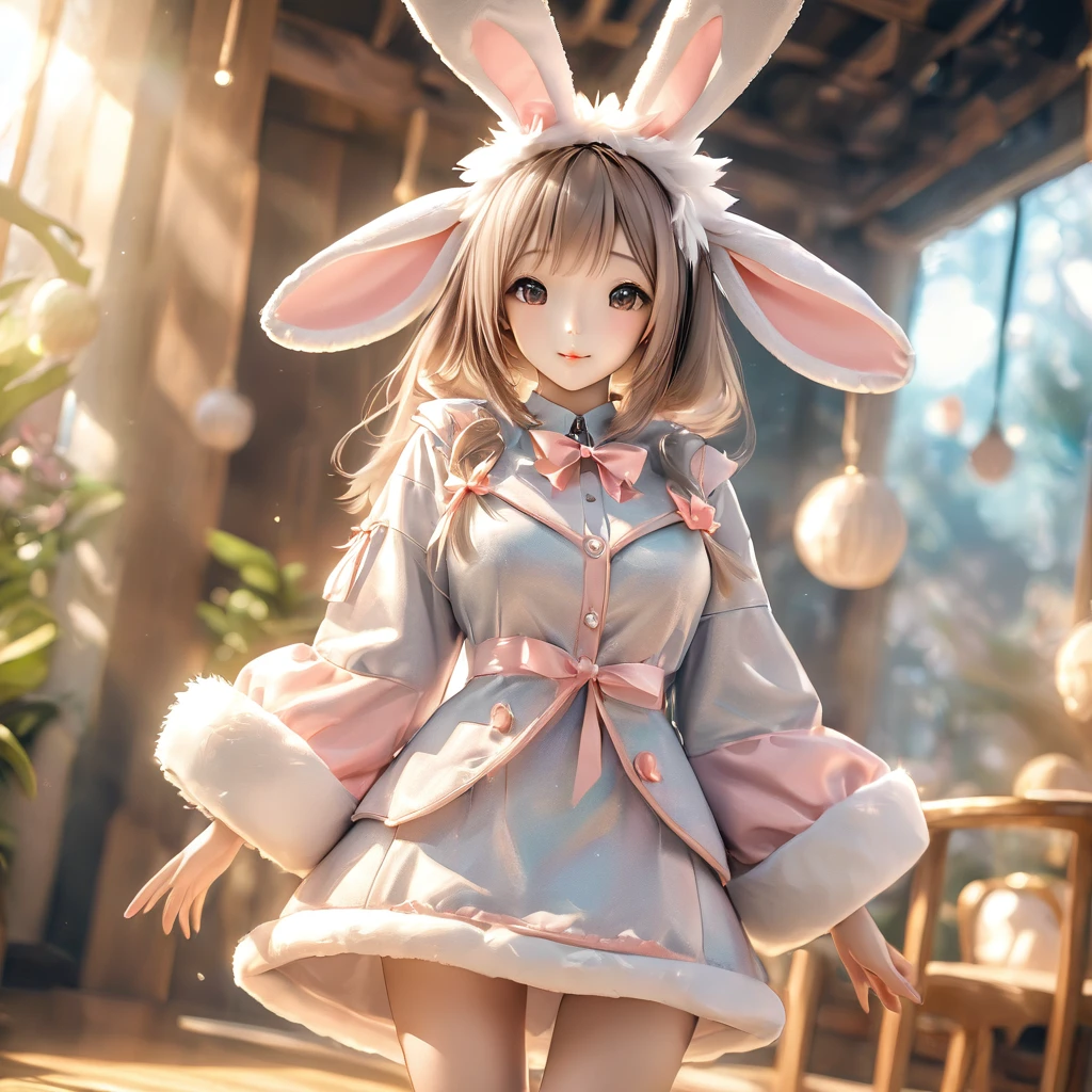 A woman wearing a furry bunny costume，Wearing big bunny ears, full-body shot, Wide Angle, Lovely又充满童真表情, Professional Portraits, Super Fine 8K, high resolution, Detailed facial features, Detailed clothing, Soft Light, excellent, fantasy, Soft colors, Lovely