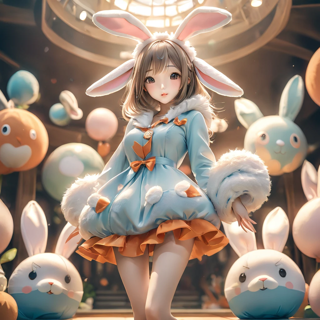 A woman wearing a furry bunny costume，Wearing big bunny ears, full-body shot, Wide Angle, Lovely又充满童真表情, Professional Portraits, Super Fine 8K, high resolution, Detailed facial features, Detailed clothing, Soft Light, excellent, fantasy, Soft colors, Lovely