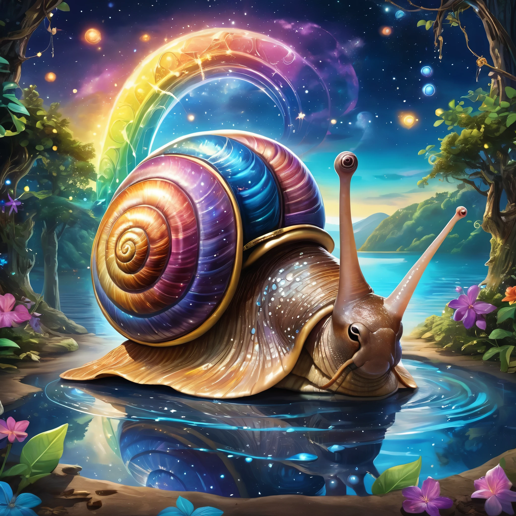 A hyper-realistic, vibrant, and colorful image of a giant snail with a rainbow shell, illuminated under the full moonlight. The scene is set in a magical, otherworldly environment with a glowing, starry sky and reflections on the water. The snail's shell has intricate, swirling patterns, and there are sparkling orbs and stars around it. The background includes mystical elements like hanging vines with luminescent drops and ethereal lighting, creating a dreamlike atmosphere. The overall image is detailed, with a focus on rich colors and surrealism.