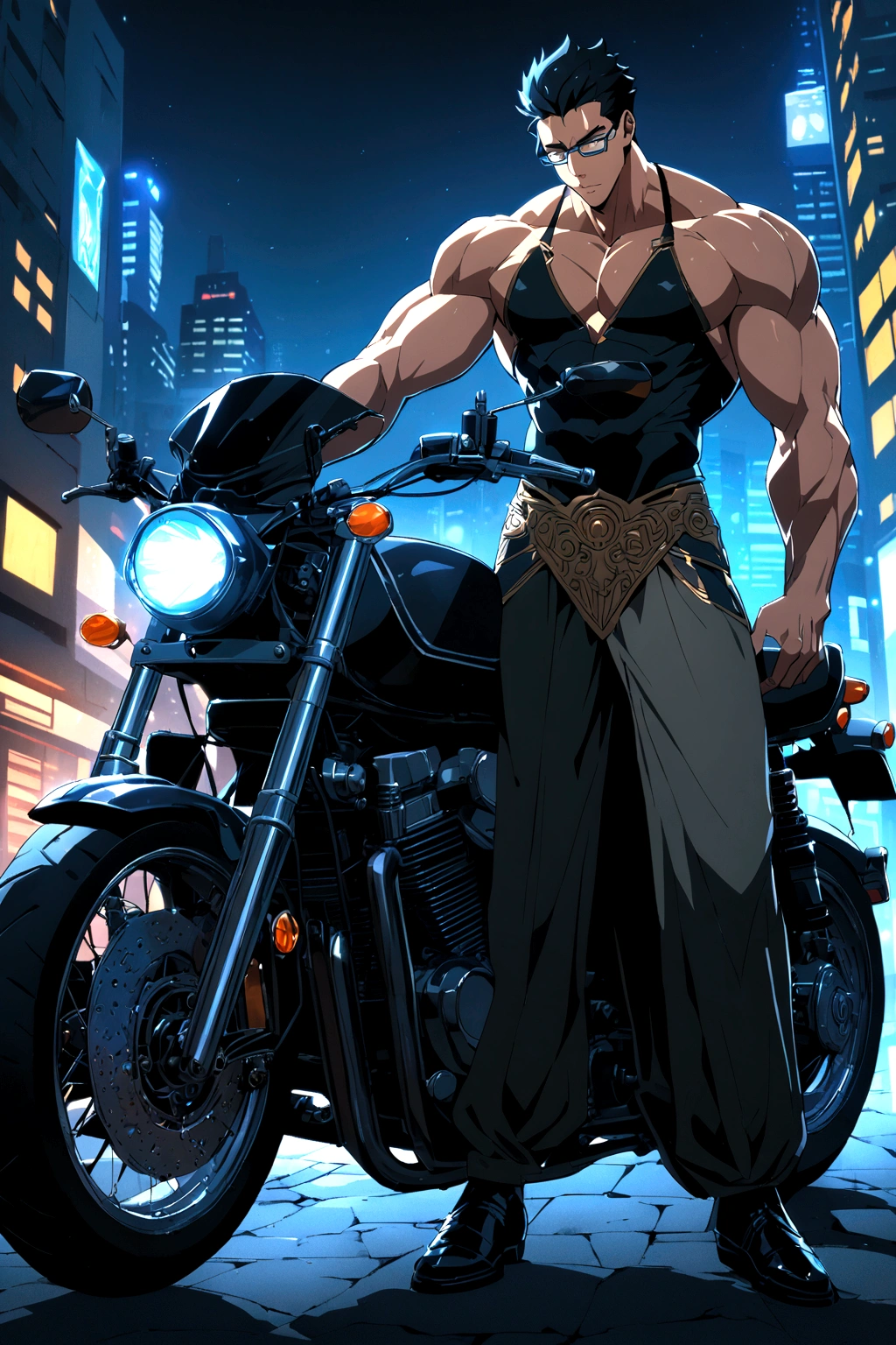 A handsome boy with intense blue eyes. black hair, dressed in very masculine clothes and a motorcycle. attractive, seductive, passionate. 2d anime style. 8K resolution. Very detailed. whole body. muscular, with glasses, background of a city. very sexy