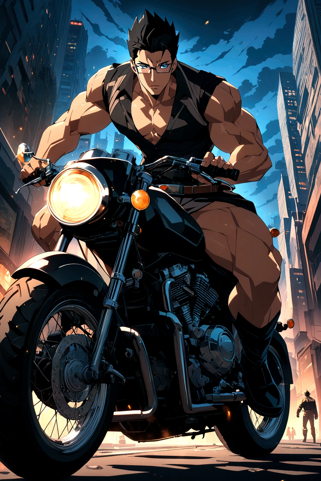 A handsome boy with intense blue eyes. black hair, dressed in very masculine clothes and a motorcycle. attractive, seductive, passionate. 2d anime style. 8K resolution. Very detailed. whole body. muscular, with glasses, background of a city. very sexy