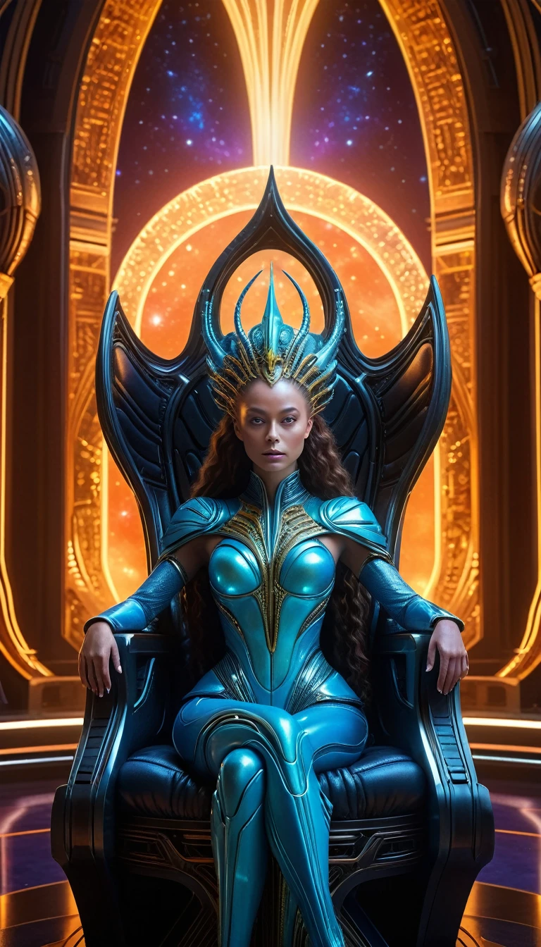A highly detailed sci-fi queen of an alien planet, sitting on a majestic space throne, (best quality,8k,high resolution,masterpiece:1.2),ultra-detailed,(realistic,photorealistic,photo-realistic:1.37),HDR,UHD,studio lighting,ultra-fine painting,sharp focus,physically-based rendering,extreme detail description,professional,vivid colors,bokeh,cinematic lighting,dramatic shadows,alien architecture,glowing space elements,ethereal atmosphere,volumetric lighting,alien flora and fauna,hyper realistic,intricate details,dynamic pose,regal and majestic,elegant and sophisticated,glowing energy aura,piercing gaze,detailed facial features,flowing hair,ornate throne,advanced technology