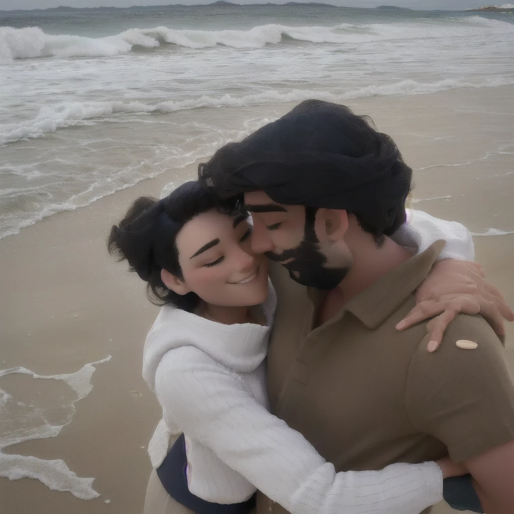 there is a man and woman hugging on the beach, beard man, lovely couple, at a beach, couple pose, in love selfie, eyes closed, in the beach, at the beach, on a beach, romantic couple, they are in love, posing on a beach with the ocean, beach pic, at the sea, hugged, smiling, 