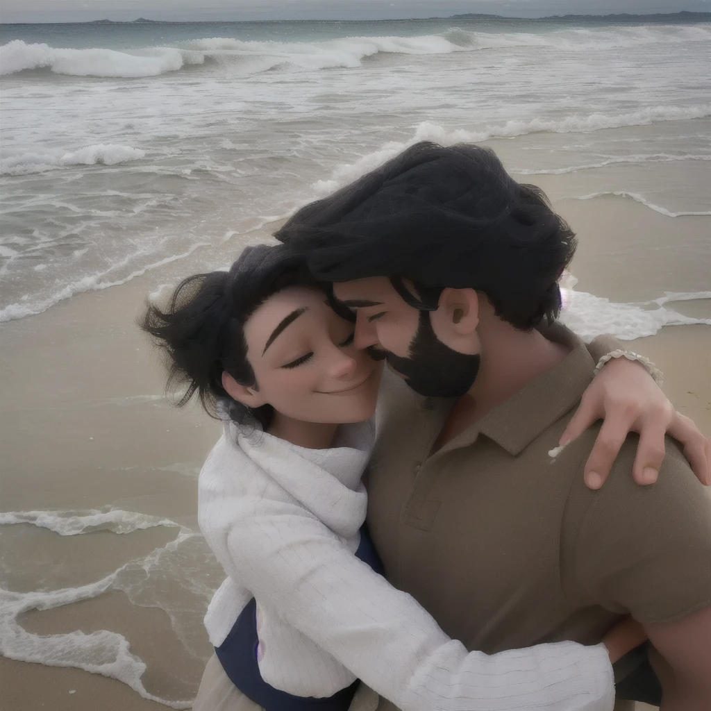 there is a man and woman hugging on the beach, beard man, lovely couple, at a beach, couple pose, in love selfie, eyes closed, in the beach, at the beach, on a beach, romantic couple, they are in love, posing on a beach with the ocean, beach pic, at the sea, hugged, smiling, 
