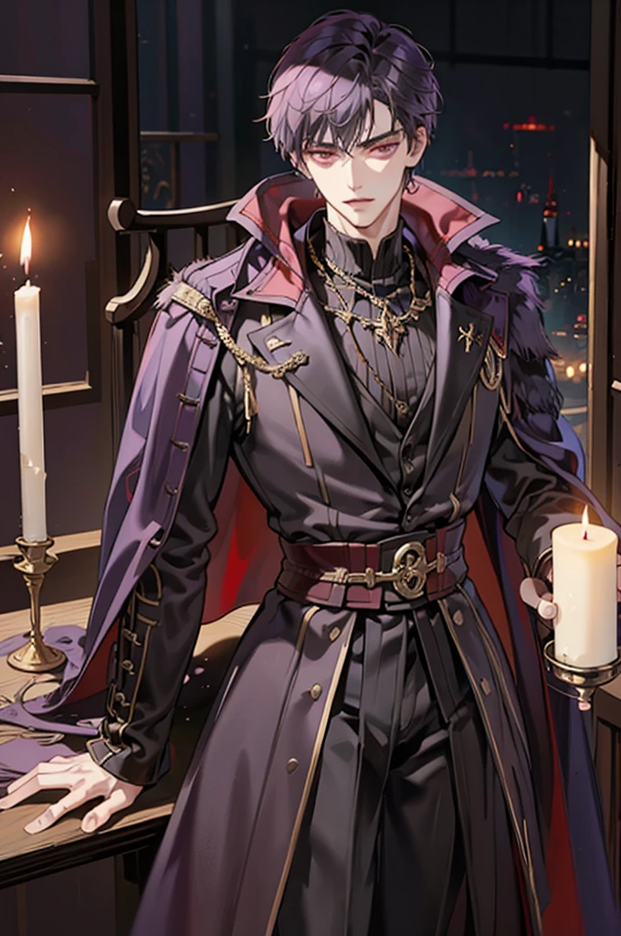 1 male, adult, tall and lean, handsome, short purple hair, dark red eyes, condescending, bad boy, a prince dressed in black with gold embroidery, medieval, fantasy, close up, candles and black magic