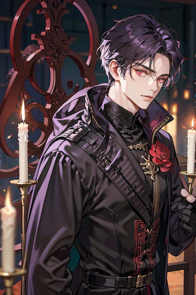 1 male, adult, tall and lean,  handsome, short purple hair, dark red eyes, condescending, bad boy, a prince dressed in black with gold embroidery, medieval, fantasy, close up, candles and black magic