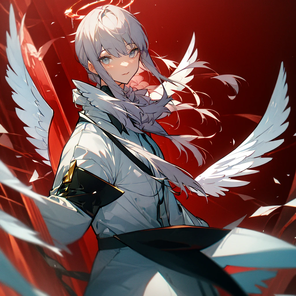 Gray Hair　Lots of decorations in the hair、God Aura、
Angel Halo、wing、from the front、High Definition Head to Shoulders